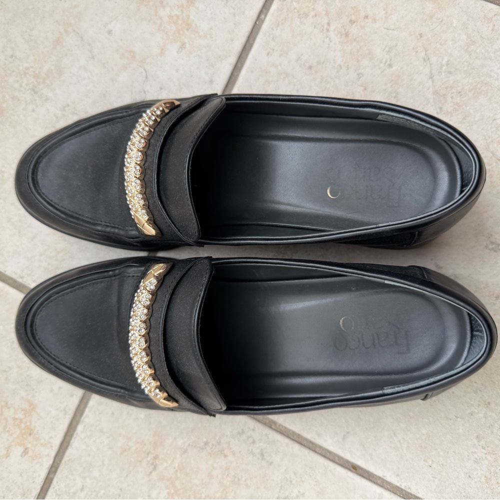 Franco Sarto Black Loafers with Gold Accents